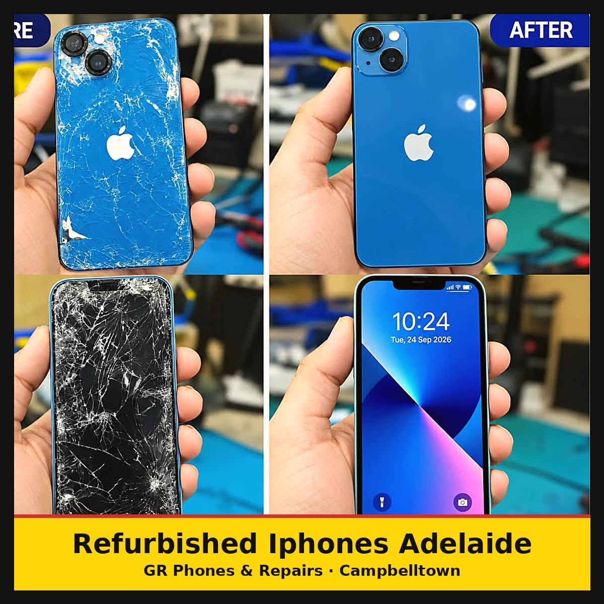 This iPhone came in with a smashed back glass and cracked screen, both fully restored by GR Phones & Repairs in Campbelltown.