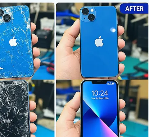 Shattered back glass and cracked screen on this iPhone 13 fully restored by GR Phones & Repairs in Adelaide CBD, looking good as new.