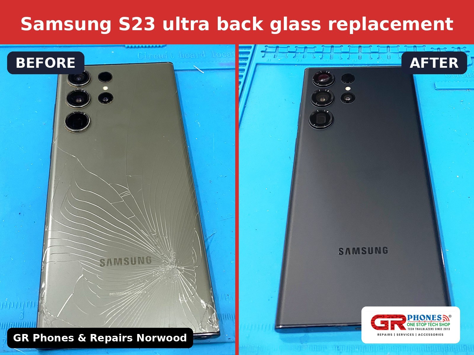 Cracked back glass on this Samsung S23 Ultra fixed up by GR Phones & Repairs in Norwood, Adelaide. Good as new.