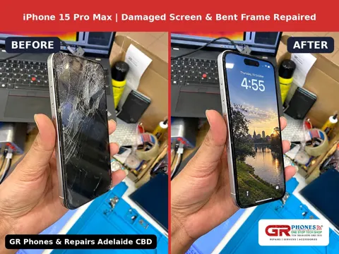 Cracked screen and bent frame on this iPhone 15 Pro Max, fixed up by GR Phones & Repairs in Adelaide CBD. Good as new and ready to go.