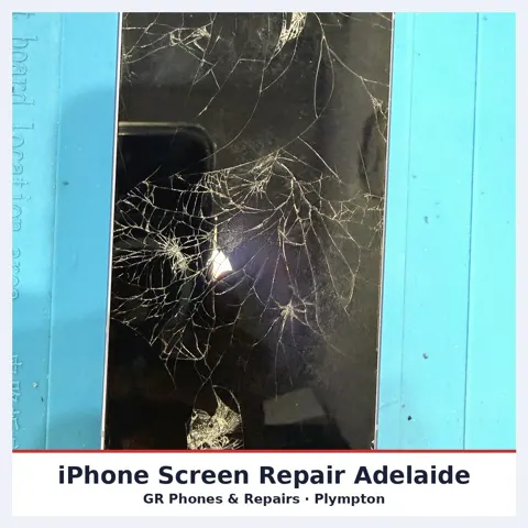 A badly shattered iPhone screen brought into GR Phones & Repairs in Plympton, Adelaide, ready for a proper screen replacement.