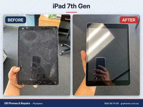 Smashed iPad 7th Gen screen fully restored by GR Phones & Repairs in Plympton, Adelaide. Cracked glass replaced with a clean, clear display.