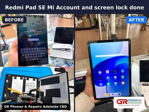 Redmi Pad SE with Mi account and screen lock removed by GR Phones & Repairs in Adelaide CBD. Tablet back up and running like normal.