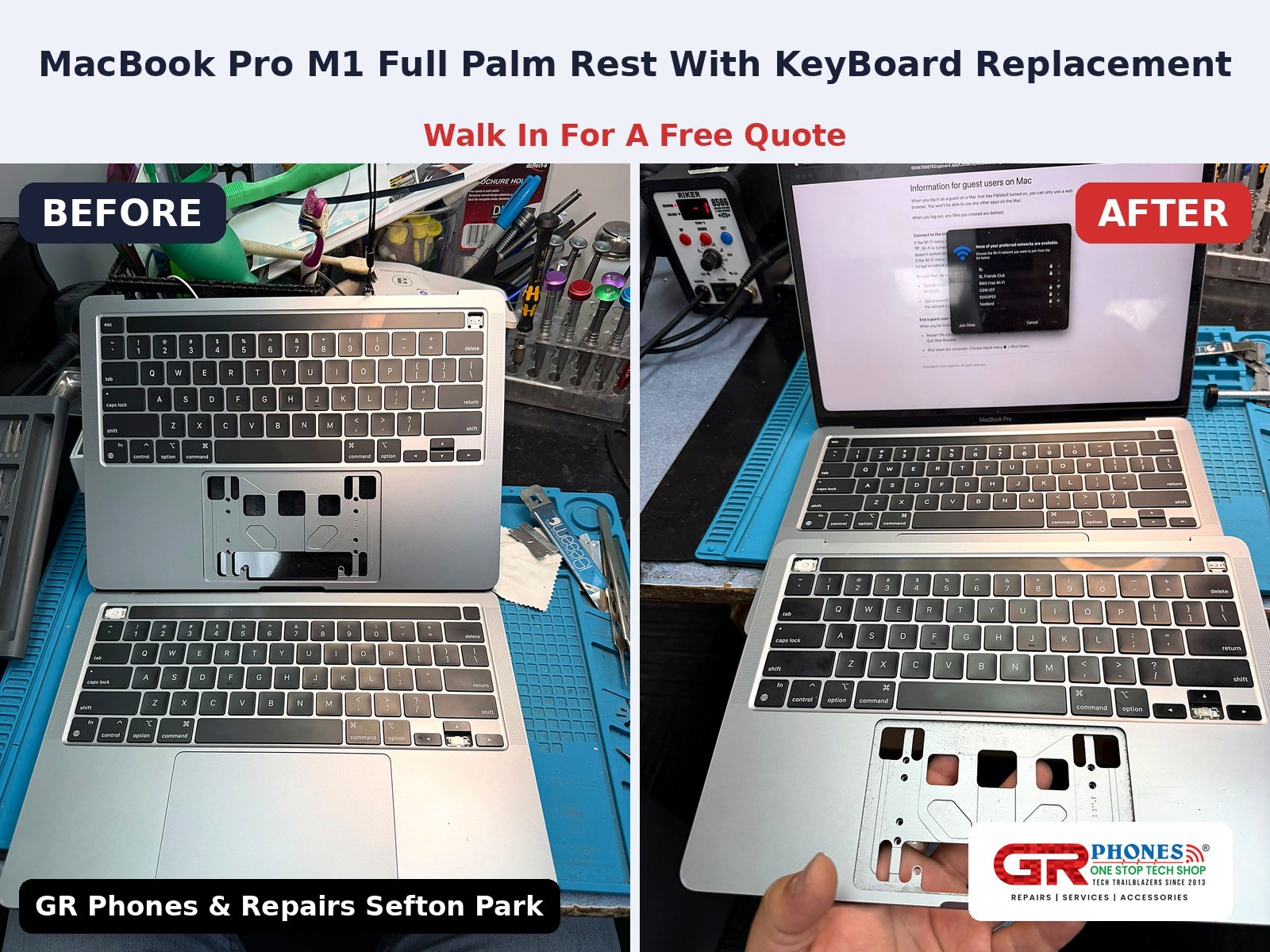 Full palm rest and keyboard replacement on a MacBook Pro M1, done at GR Phones & Repairs in Sefton Park. Walk in for a free quote on your laptop repair.
