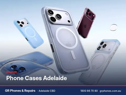 A range of clear and coloured phone cases for iPhone models, available at GR Phones & Repairs in Adelaide CBD.